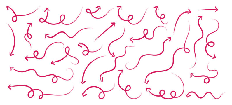 Set of red hand drawn grunge doodle spiral and curved charcoal, chalk arrows on white background. Brush, marker drawn thin arrows set. Hand drawn doddle arrow set. Charcoal hand drawn pencil arrows.