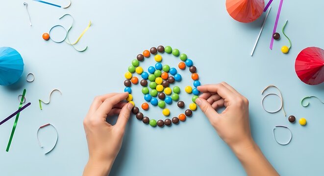 Person arranging colorful chocolate candies in a circle pattern on a light blue background