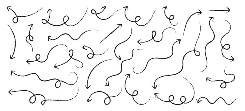 Set of black hand drawn grunge doodle spiral and curved charcoal, chalk arrows. Brush, marker drawn thin arrows set. Hand drawn doddle arrow set. Charcoal hand drawn pencil arrows.Vector illustration.