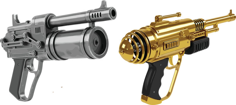 Futuristic Ray Gun Set with Metallic Sci Fi Laser Blasters for Space Combat, Advanced Technology Concept, and Science Fiction Weapon Illustration Design