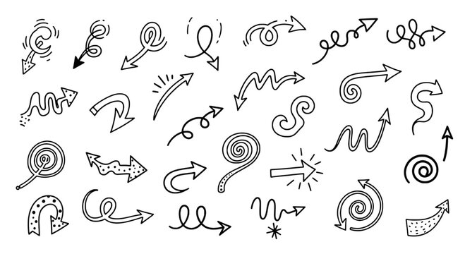 Arrows doodle icons set with playful spiral and wavy motion lines for direction signage and graphic design