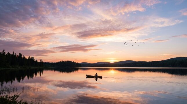 A serene lake at sunset with a canoeist paddling and birds flying overhead.