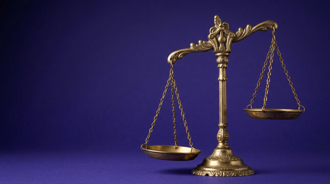 Antique brass balance scale tilted off balance on deep indigo background, AI ethics justice legal fairness regulatory compliance concept, copy space.