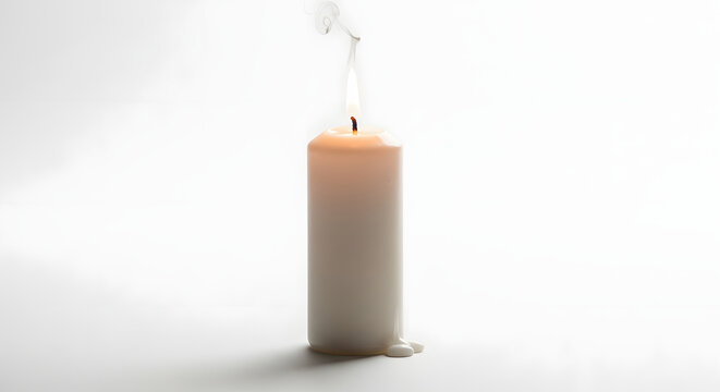 Single White Candle on Plain Background for Meditation or Decoration.