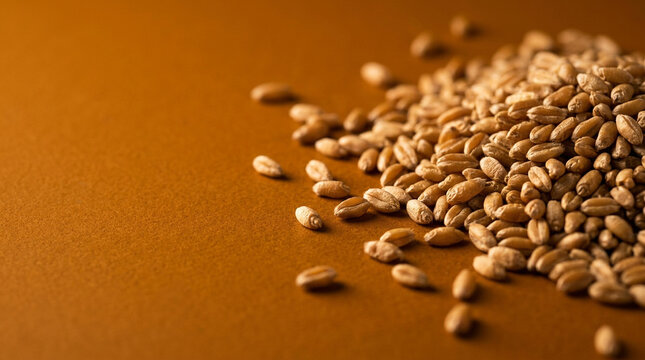 Dry raw wheat grains scattered on warm amber background, global food security crisis grain supply scarcity agricultural concept, macro copy space.