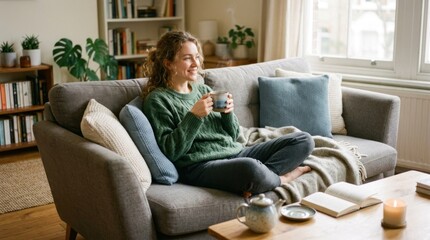 Obraz premium A young woman sitting on a gray couch with a green sweater, holding a mug of coffee, surrounded by plants and books in a cozy living room with a wooden floor and white walls.