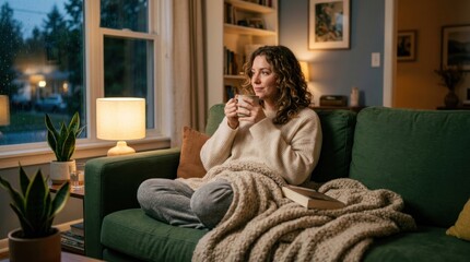 Fototapeta premium A woman sitting on a green couch with a blanket, holding a mug of coffee, looking out the window with a thoughtful expression.