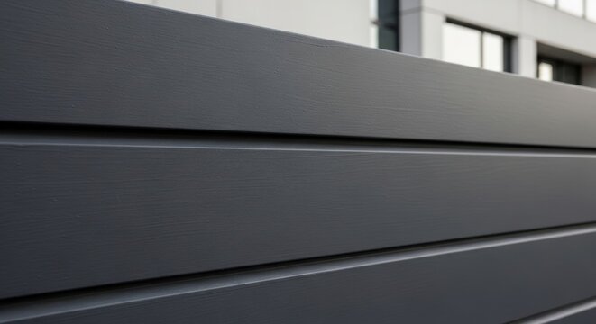 Dark grey painted fiber cement siding exhibits clean horizontal lines and subtle texture, offering a modern architectural detail for building exteriors.