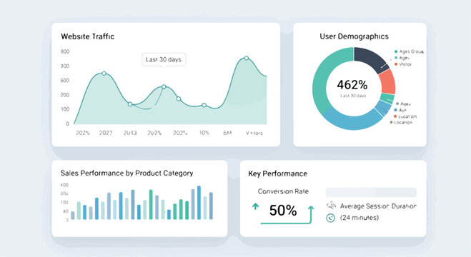 Infographic with website traffic, user demographics, sales performance, and key performance metrics
