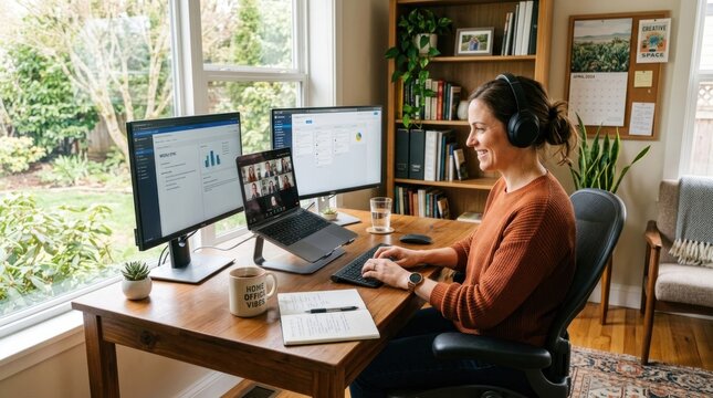 A woman wearing headphones, sitting at a desk with multiple monitors, smiling while participating in a video call.