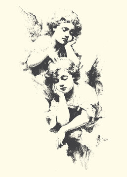 Classical sculpture of two cherubs in reclining pose with sculpture reclining classical engraving cherubic cherubim childlike innocent artistic monochrome silhouette composition creativity