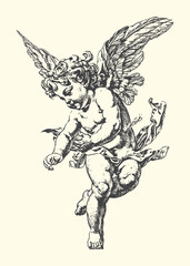 Fototapeta premium Cherub statue in dynamic pose flying sculpture mythology classical innocence heavenly illustration decoration monochrome iconography symbolic ethereal movement graceful cherubic