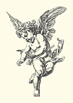 Cherub statue in dynamic pose flying sculpture mythology classical innocence heavenly illustration decoration monochrome iconography symbolic ethereal movement graceful cherubic