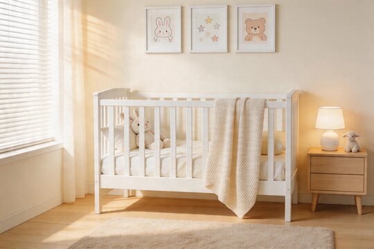 Cozy nursery with white crib and soft furnishings. Simple decor with playful wall art and bedside lamp.