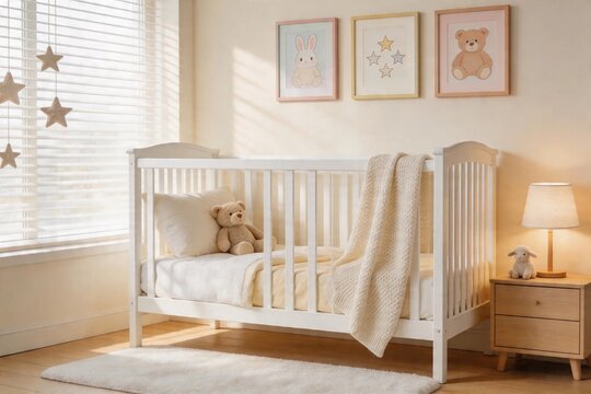 Cozy nursery with white crib and soft furnishings. Simple decor with playful wall art and bedside lamp.