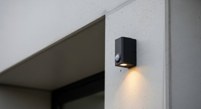 Modern black motion sensing security light mounted on an exterior concrete wall