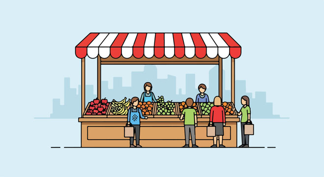 A colorful fruit stand with people gathered