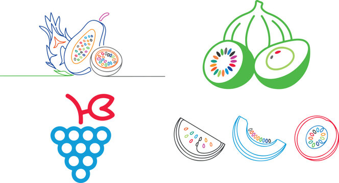 Colorful fruit icons including kiwi watermelon grape and pears with seeds