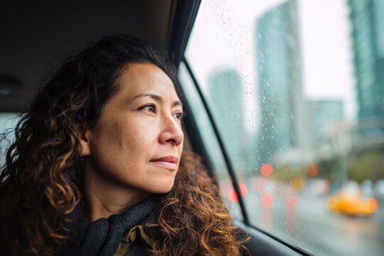 Young woman contemplating city view during rainy commute in taxi or rideshare