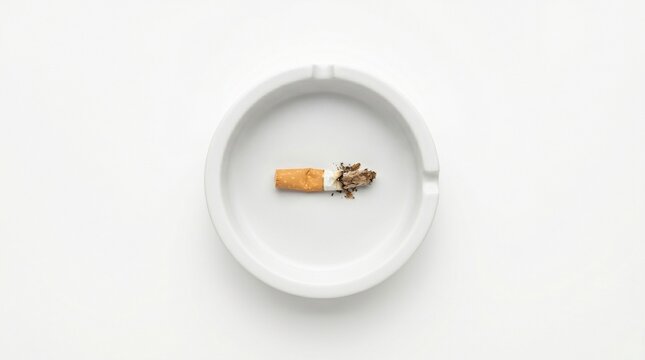 Close-up overhead shot of a single cigarette butt resting in a white ashtray on a white background, symbolizing addiction and habits