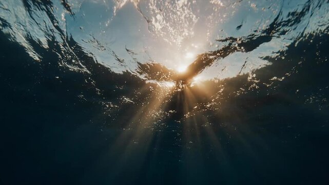 水面下から見上げる黄金の光のカーテン海中ワイドショット