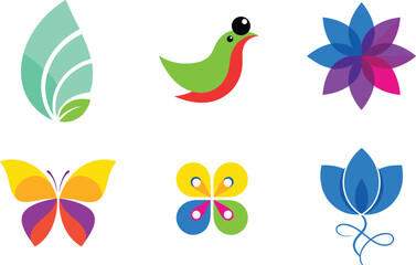 Obraz premium Vibrant Nature and Animal Icons Featuring Butterflies, Birds, Flowers, and Leaves for Eco-Friendly, Nature, and Design Projects
