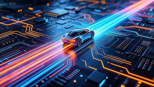 Futuristic car driving on digital circuit board road with glowing blue lines