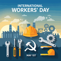 Obraz premium International Workers' Day poster with tools and industrial background