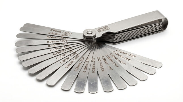 A fanned-out collection of metal feeler gauges, displaying different blade thicknesses in millimeters and inches, essential for precise gap measurements in automotive and engineering tasks