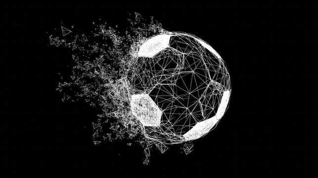 Wireframe soccer ball disintegrates into digital particles against black.