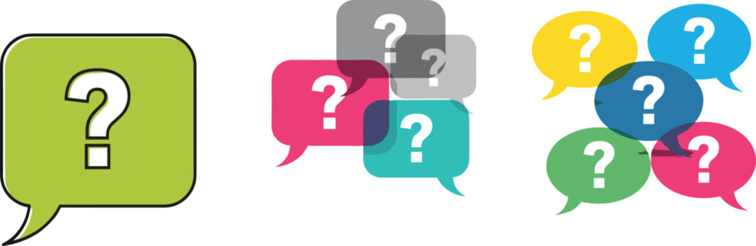 Colorful Speech Bubbles with Question Marks Icon Set for FAQ, Support, and Communication Design Projects