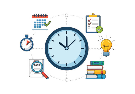 A large clock surrounded by productivity and time management icons