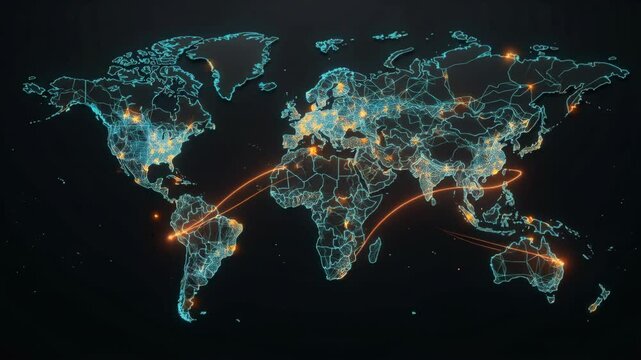 Network Connection World Map with Holographic Data Links and Global Digital Nodes