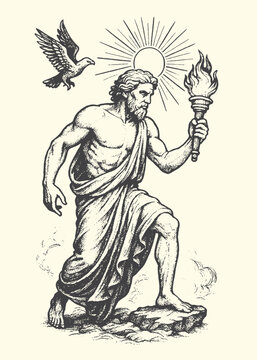 Ancient man holding a torch and a bird flying above symbolizing prometheus mythology sculpture illustration classical symbolic illumination radiance outdoors muscular knowledge