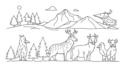 Obraz premium A black and white illustration of a mountain landscape with a river, trees, a