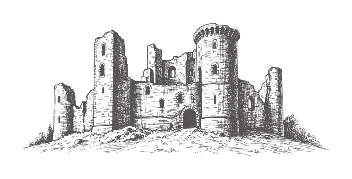 Ancient stone castle ruins grassy hill in style architecture medieval