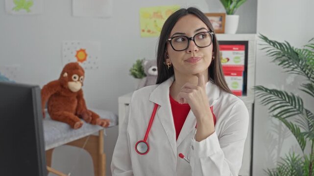 Young woman doctor wearing glasses and white coat with red stethoscope, fingers on chin, sitting at computer in clinic building; thoughtful care focus.