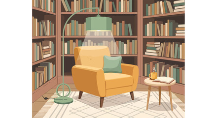 A cozy reading nook with a chair, lamp, and bookshelves © Sanji