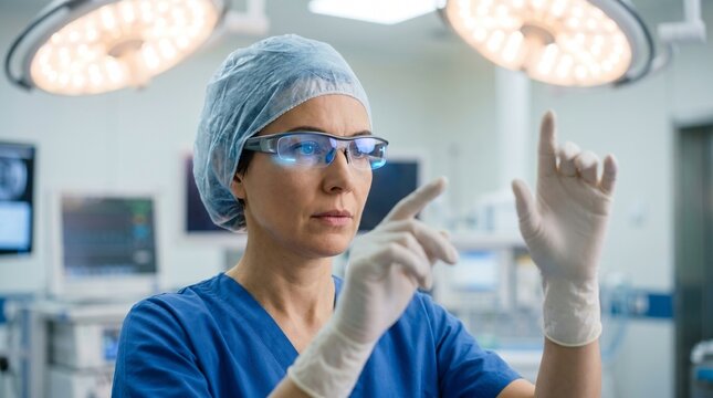 A skilled surgeon wearing augmented reality glasses operates and interacts with a holographic interface in a sterile operating room.