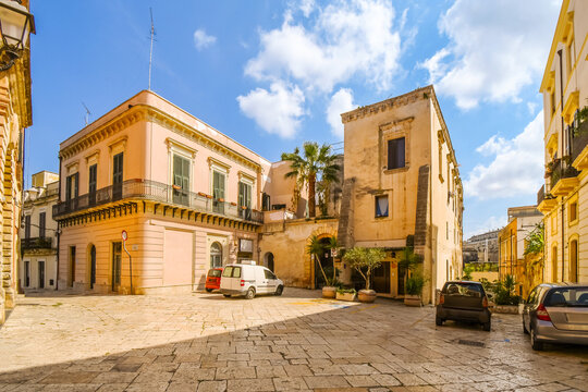 A small piazza off Via Colonne, near the columns marking the end of the Appian Way, in the historic center of Brindisi, Italy, Puglia region.