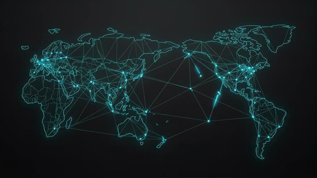 Global Network Connection Holographic World Map with Linked Data Nodes