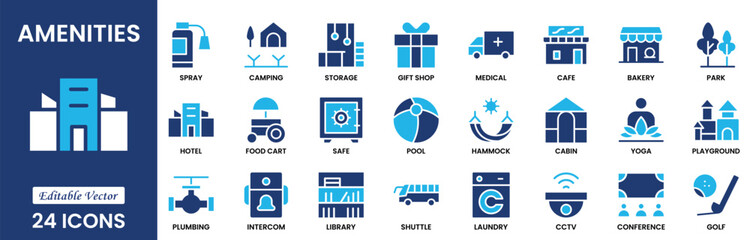 Fototapeta premium Building amenities icon set. Containing elevator, parking, swimming pool, security, reception, wifi, spa, lounge. Solid vector icons collection. Vector illustration.