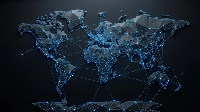 Network Connection World Map with Holographic Digital Nodes