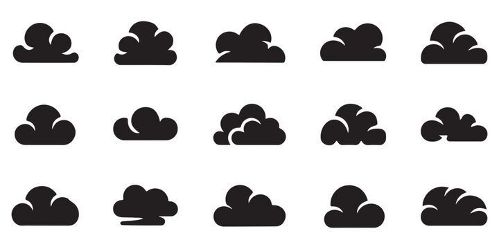 Various cloud shapes and forms in solid black fill representing different types of clouds and weather conditions.