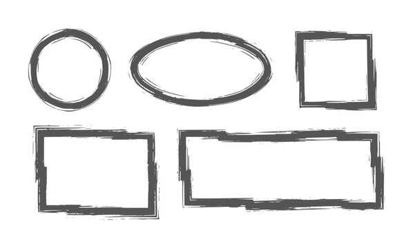 Set of five grunge brush stroke frames circle oval square rectangle