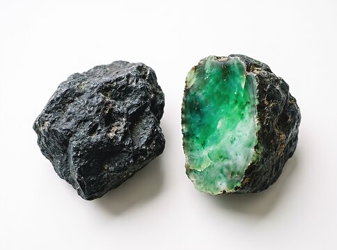 Two raw jadeite stones on a white background, one featuring a rough dark exterior and the other split to reveal a vibrant, polished green interior.