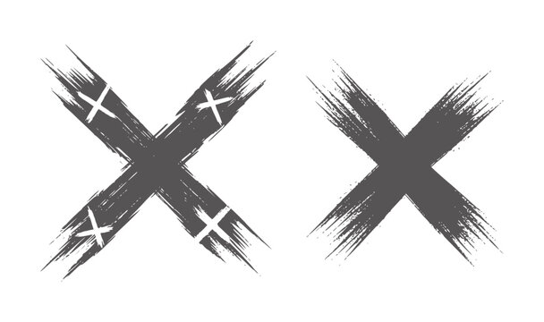 Two dark grey brush stroke crosses with small white x marks symbol