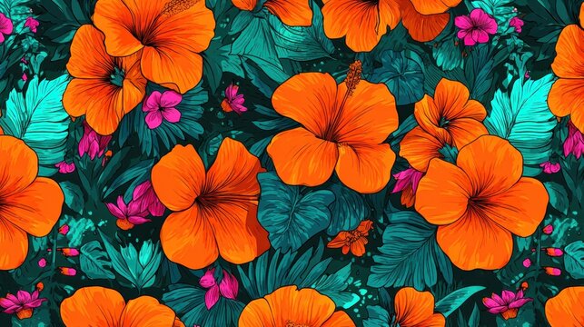 Vibrant tropical floral pattern with orange hibiscus and lush greenery