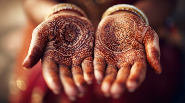 Close up of henna designs on hands with gold bangles