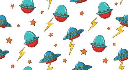 Fun UFO and Lightning Pattern with Stars for Space, Sci-Fi, and Retro Adventure Themes in Bright Colors © Sanjida